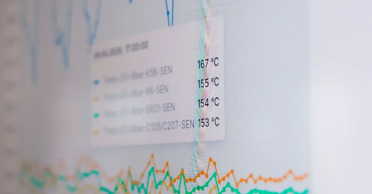 Close-up of a monitor displaying complex data graphs and real-time temperature readings.